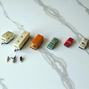 Vintage HO Scale Miniature Lot – Cars, Campers, & Handpainted Figures – Germany